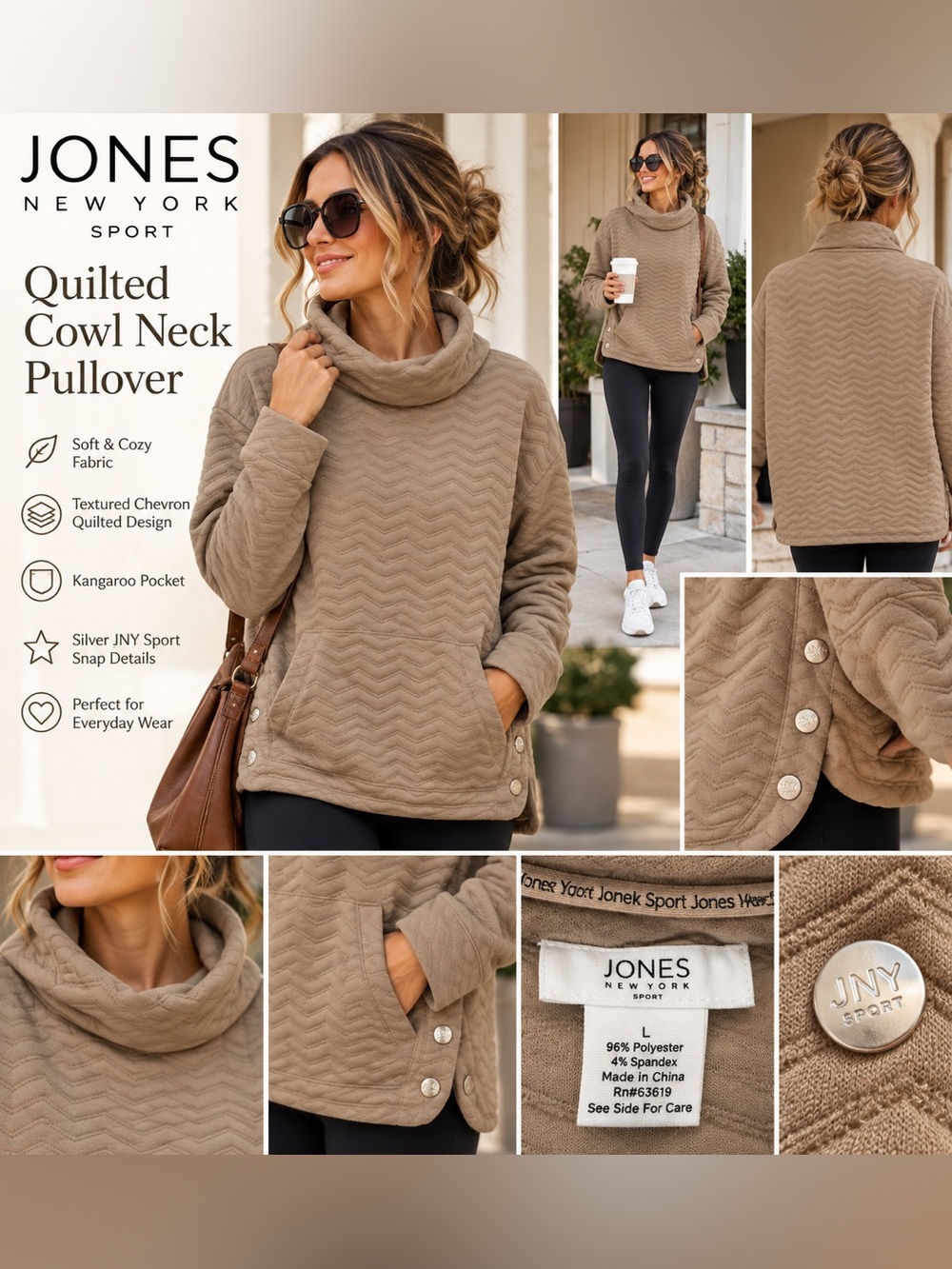 Jones New York Sport Taupe Quilted Cowl Neck Pullover Sweatshirt L